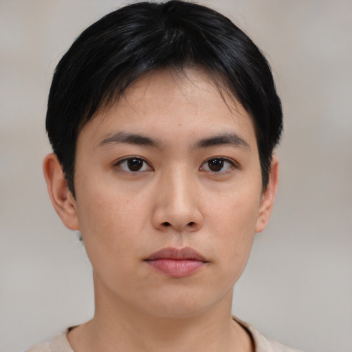 Neutral asian young-adult female with short  brown hair and brown eyes