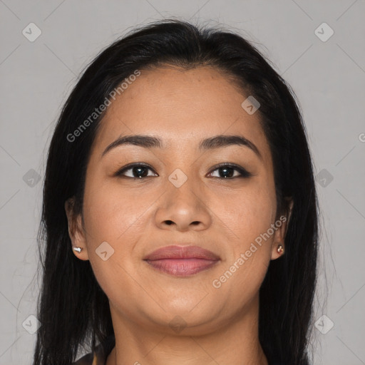 Joyful asian young-adult female with long  brown hair and brown eyes