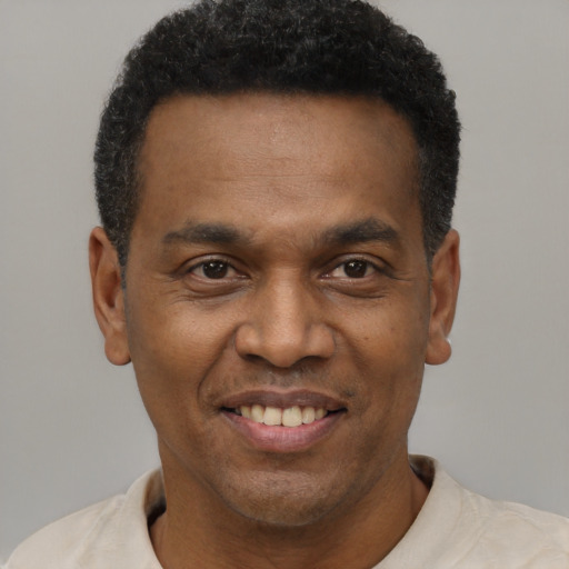 Joyful black adult male with short  black hair and brown eyes
