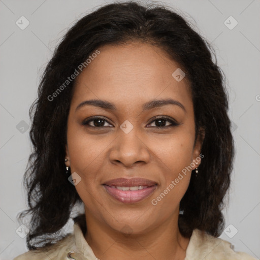 Joyful black young-adult female with medium  brown hair and brown eyes