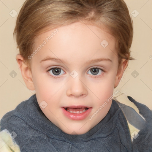 Joyful white child female with short  brown hair and brown eyes