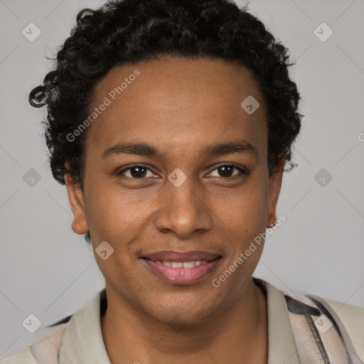 Joyful black young-adult male with short  brown hair and brown eyes