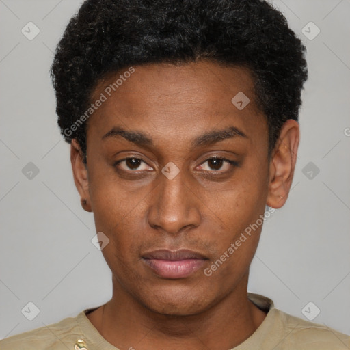 Neutral black young-adult male with short  black hair and brown eyes