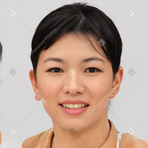 Joyful asian young-adult female with short  brown hair and brown eyes