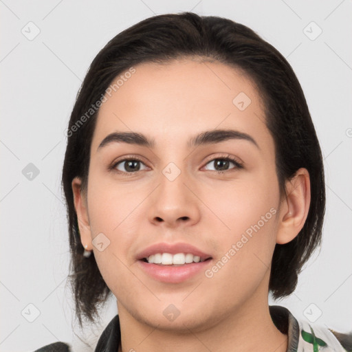 Joyful white young-adult female with medium  brown hair and brown eyes