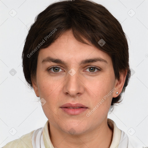 Joyful white young-adult female with medium  brown hair and grey eyes