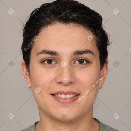 Joyful white young-adult female with short  brown hair and brown eyes