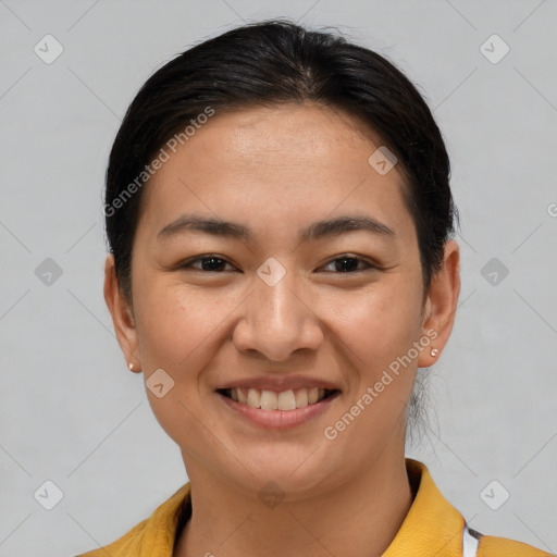 Joyful white young-adult female with short  brown hair and brown eyes