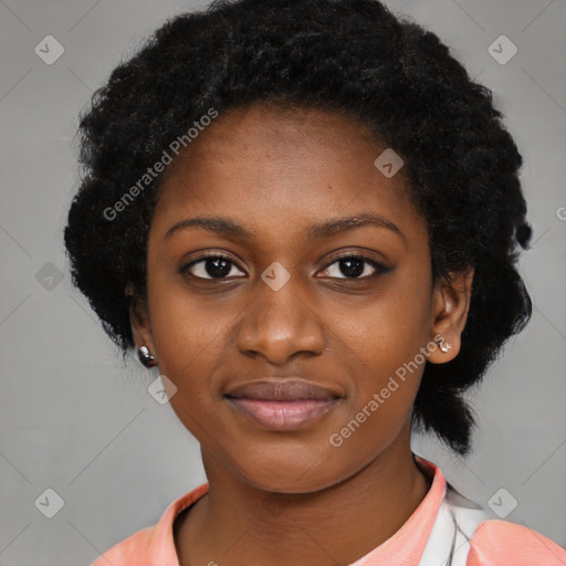 Joyful black young-adult female with medium  black hair and brown eyes