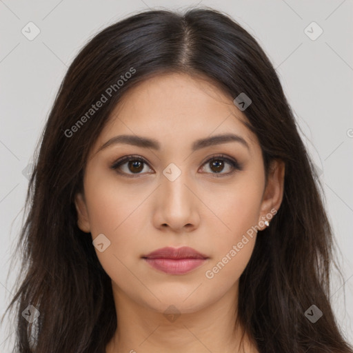 Neutral asian young-adult female with long  brown hair and brown eyes