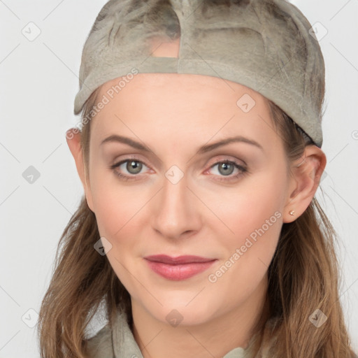 Joyful white young-adult female with long  brown hair and grey eyes