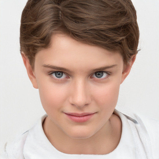 Joyful white child female with short  brown hair and brown eyes