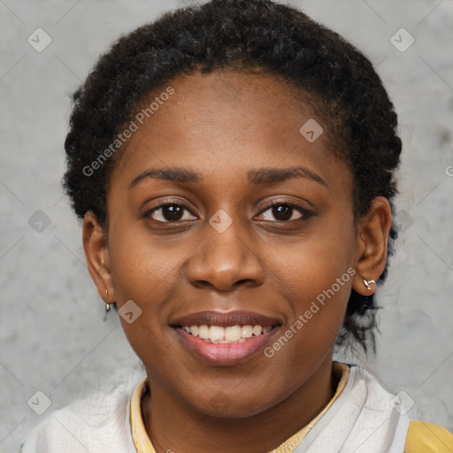 Joyful latino young-adult female with short  brown hair and brown eyes