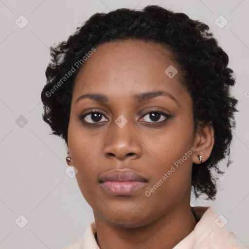 Neutral black young-adult female with short  black hair and brown eyes