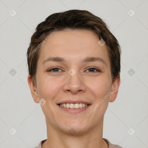 Joyful white young-adult female with short  brown hair and brown eyes