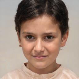 Joyful white child female with short  brown hair and brown eyes