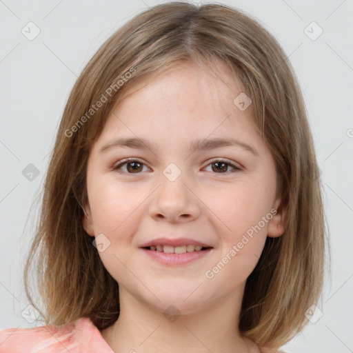 Joyful white child female with medium  brown hair and brown eyes