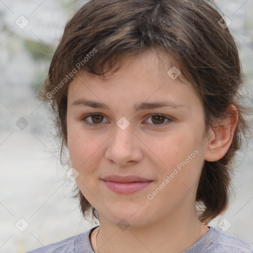 Joyful white child female with medium  brown hair and brown eyes