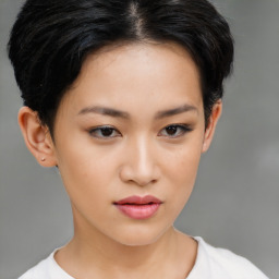 Neutral asian young-adult female with short  black hair and brown eyes