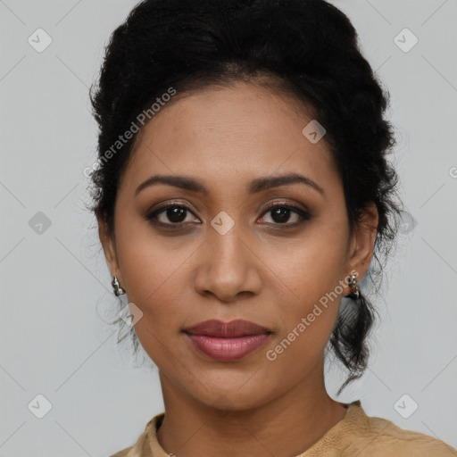 Joyful latino young-adult female with medium  brown hair and brown eyes