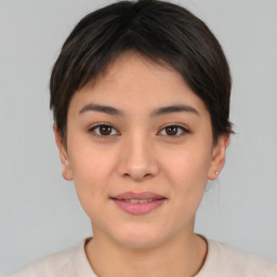 Joyful asian young-adult female with short  brown hair and brown eyes