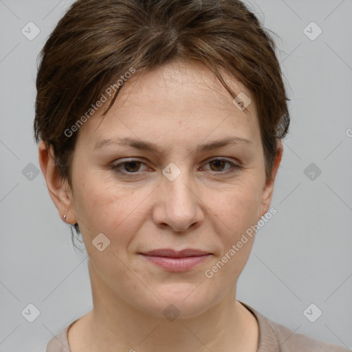 Joyful white adult female with short  brown hair and grey eyes