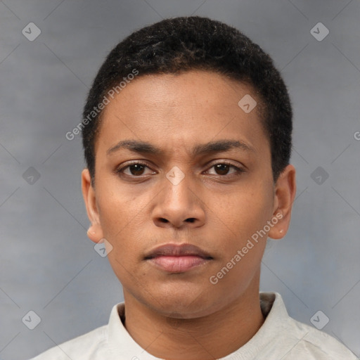 Neutral latino young-adult female with short  brown hair and brown eyes