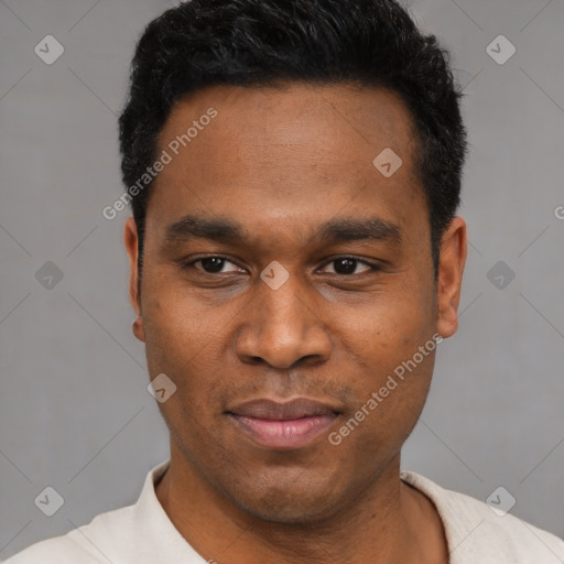 Joyful latino young-adult male with short  black hair and brown eyes