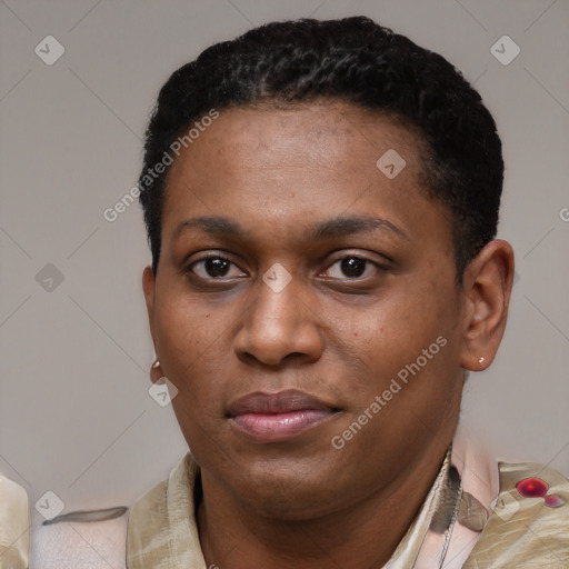 Joyful latino young-adult female with short  black hair and brown eyes