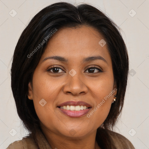 Joyful latino young-adult female with long  brown hair and brown eyes