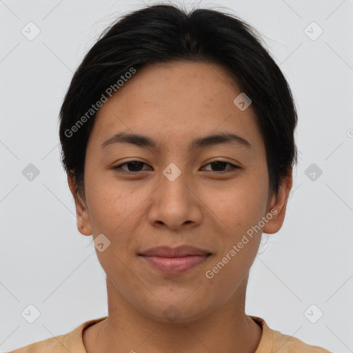 Joyful asian young-adult female with short  brown hair and brown eyes