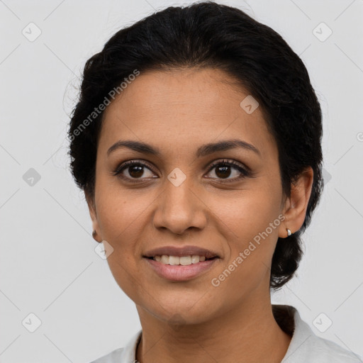 Joyful latino young-adult female with medium  black hair and brown eyes