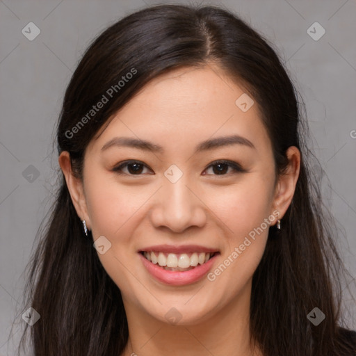 Joyful white young-adult female with long  brown hair and brown eyes