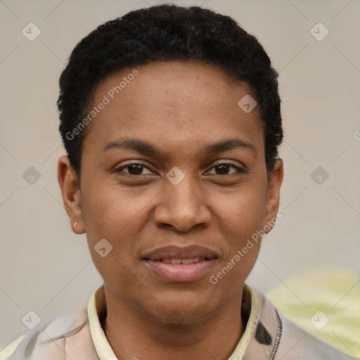 Joyful black young-adult female with short  black hair and brown eyes