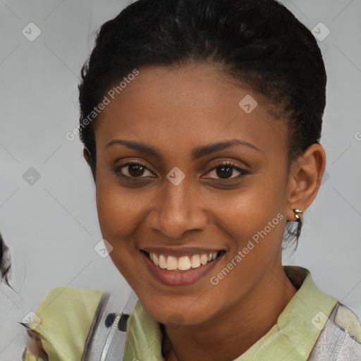Joyful latino young-adult female with short  brown hair and brown eyes