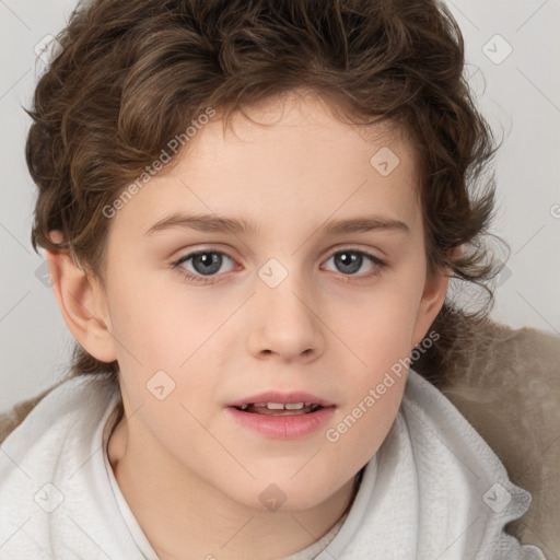 Joyful white child female with short  brown hair and brown eyes