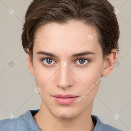 Neutral white young-adult female with short  brown hair and brown eyes