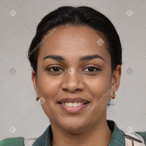 Joyful latino young-adult female with short  black hair and brown eyes