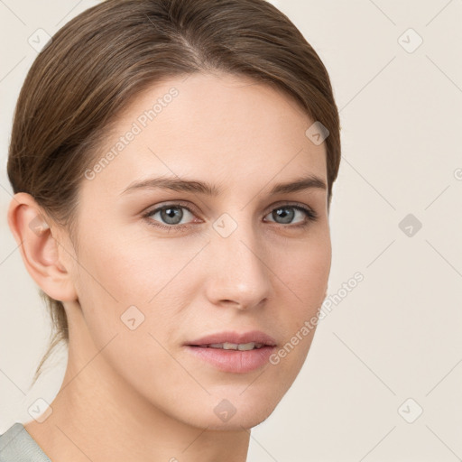 Neutral white young-adult female with medium  brown hair and grey eyes