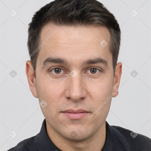 Neutral white adult male with short  brown hair and brown eyes