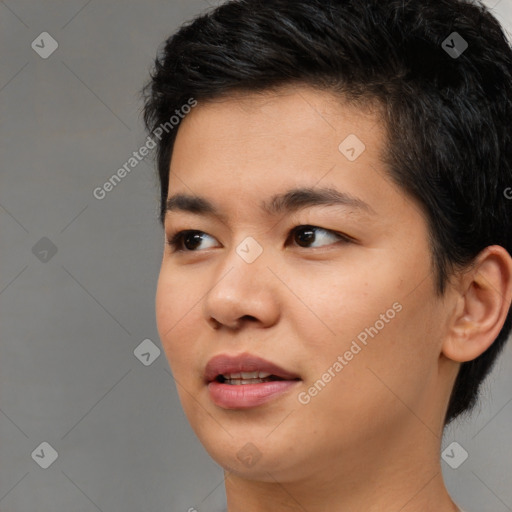 Neutral asian young-adult male with short  black hair and brown eyes