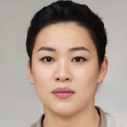 Neutral asian young-adult female with short  black hair and brown eyes