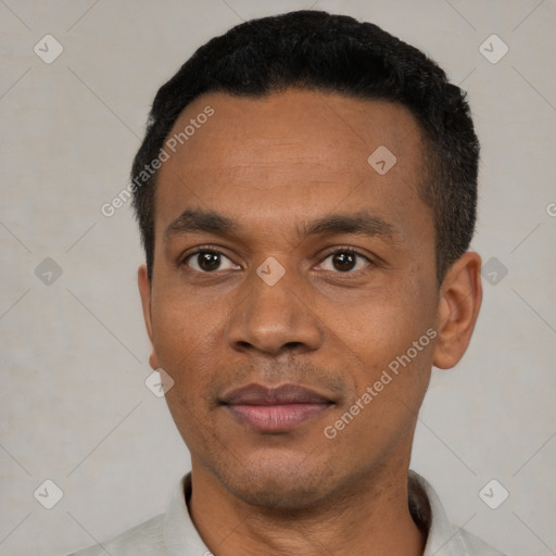 Neutral black young-adult male with short  black hair and brown eyes