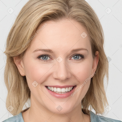 Joyful white young-adult female with medium  brown hair and blue eyes