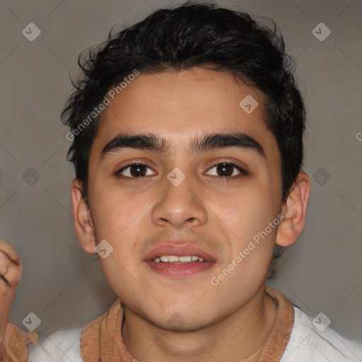 Joyful latino young-adult male with short  brown hair and brown eyes