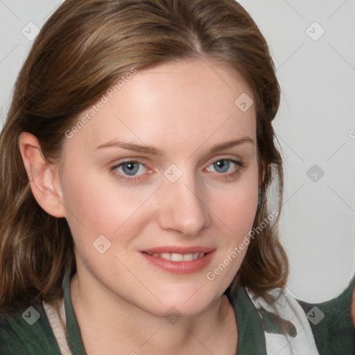 Joyful white young-adult female with medium  brown hair and blue eyes