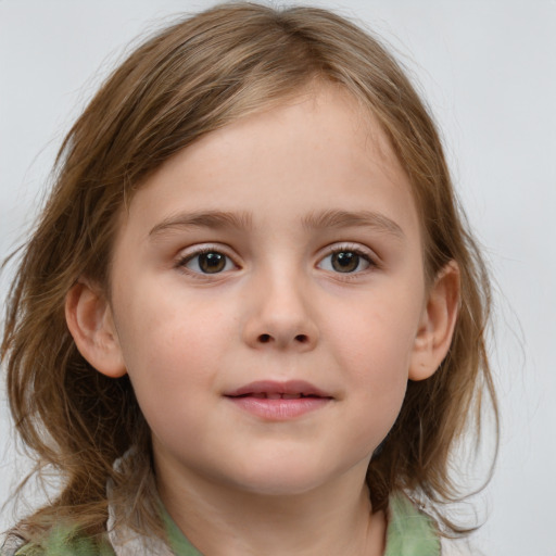 Neutral white child female with medium  brown hair and blue eyes