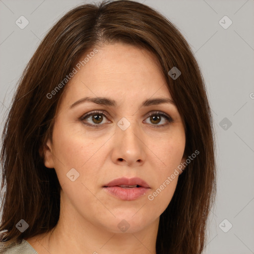 Neutral white young-adult female with medium  brown hair and brown eyes