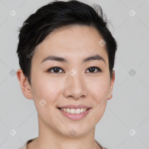 Joyful asian young-adult female with short  black hair and brown eyes