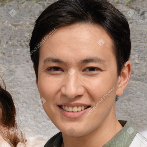 Joyful white young-adult male with medium  brown hair and brown eyes